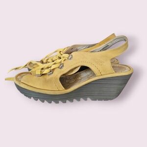 FLY London Ylfa Mustard Yellow Laced Boho Suede Wedges Sandals sz EU 39, US 8.5
